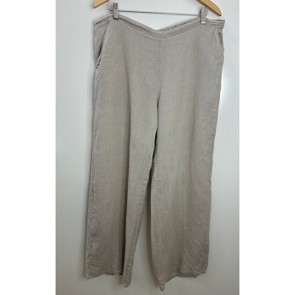 Flax 100% Linen Wide Leg Pants Medium - Large Taupe Tan Elastic Waist Lagonlook - Picture 2 of 15